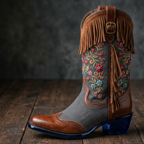 A pair of exquisitely designed, ethnically inspired brown leather cowboy boots, standing against a dark grey background. The main body of the boots is made of dark grey canvas, with brown fringe decorating the top edges of the shaft, and intricate red, turquoise, and orange floral embroidery patterns, accented with small blue and turquoise beads at the flower centers. The toe and heel parts feature glossy brown leather, with a sturdy heel and smooth lines. The sole is dark brown. Light casts from above, emphasizing the boots' three-dimensionality and textural details.