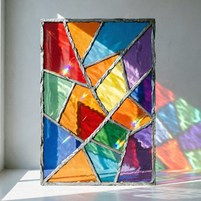 A modern-style abstract geometric stained glass artwork, composed of irregular polygonal color blocks. The color blocks are arranged in an alternating pattern of warm tones (red, orange, yellow) and cool tones (blue, green, purple), creating a dynamic balance. The lead lines vary in thickness, emphasizing the division of different areas. The overall composition is dynamic and full of modern artistic flair.