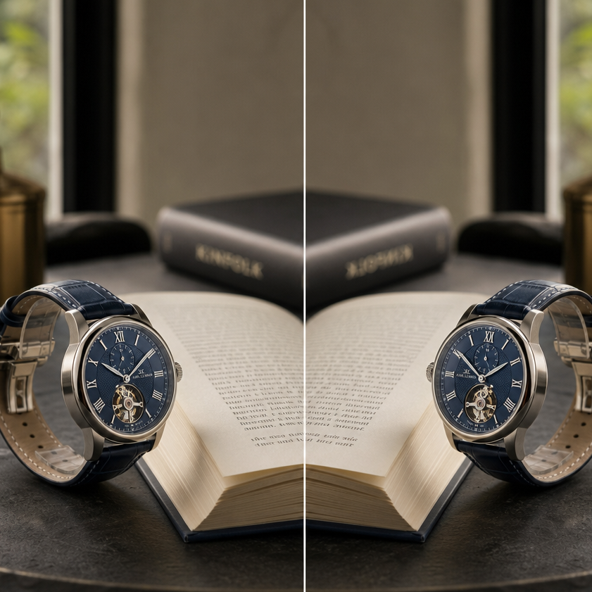 A high-contrast image, with the left side showing a meticulously arranged product display, featuring a uniquely designed silver wristwatch with its dial facing to the right, next to an open hardcover book with printed patterns on its pages; the right side shows the effect of the same photo after applying a horizontal mirror invert filter, where the wristwatch's dial now faces to the left, and the left-right pages and content of the book are reversed, with the entire product display presenting perfect mirror symmetry, highlighting the multi-angle aesthetic of the product. The two images are displayed side-by-side on the same canvas, with a clear dividing line in the middle.