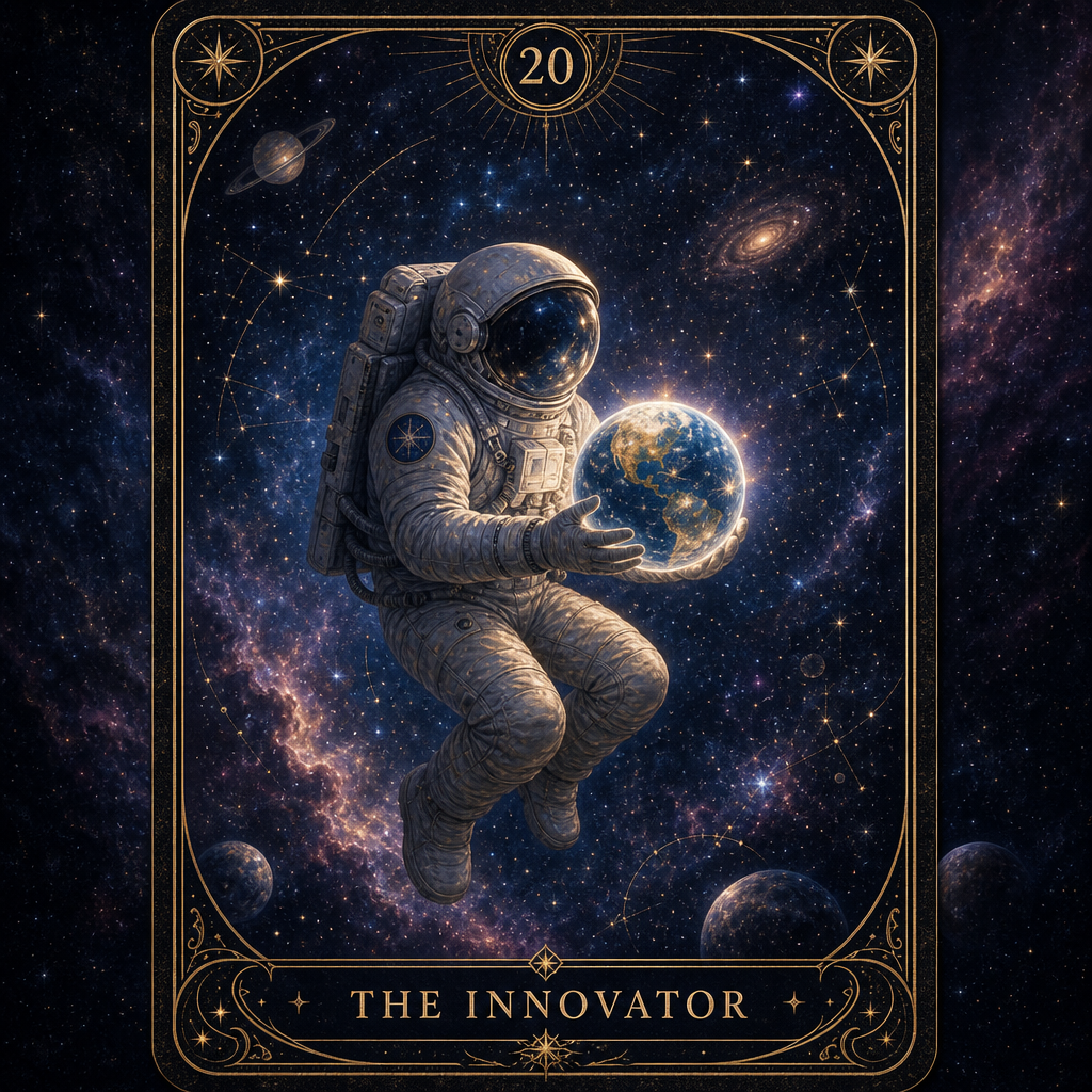 A custom Tarot card, featuring an astronaut in a space suit, floating in space, holding a glowing model of Earth, his eyes filled with curiosity for the unknown. The background is the vast expanse of the universe, with twinkling stars and distant nebulae. The bottom of the card has text: "THE INNOVATOR", and the top is marked with the number "20".