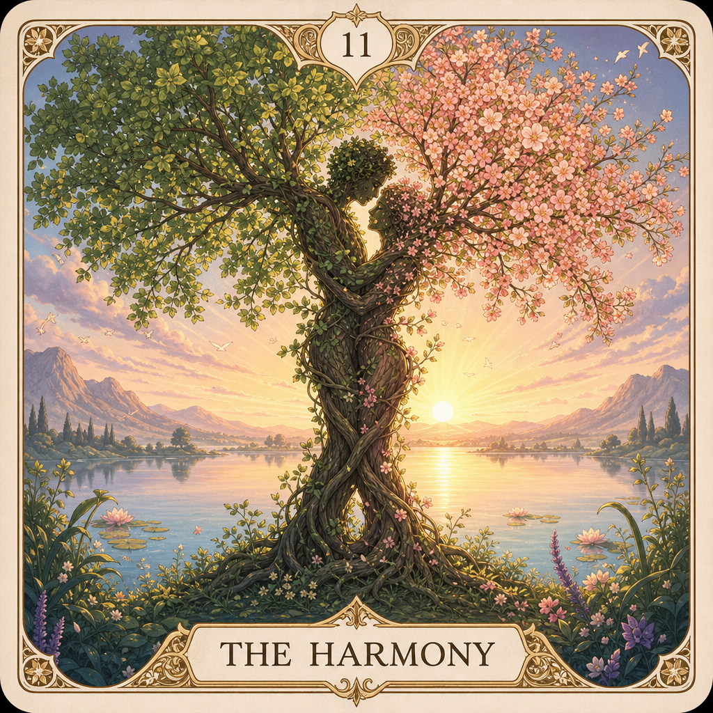 A custom Tarot card, featuring a humanoid silhouette formed by two intertwining trees, one lush with foliage, the other blooming with flowers. They lean against each other, with a serene lake and sunrise in the background, soft colors, full of life and balance. The bottom of the card has text: "THE HARMONY", and the top is marked with the number "11".