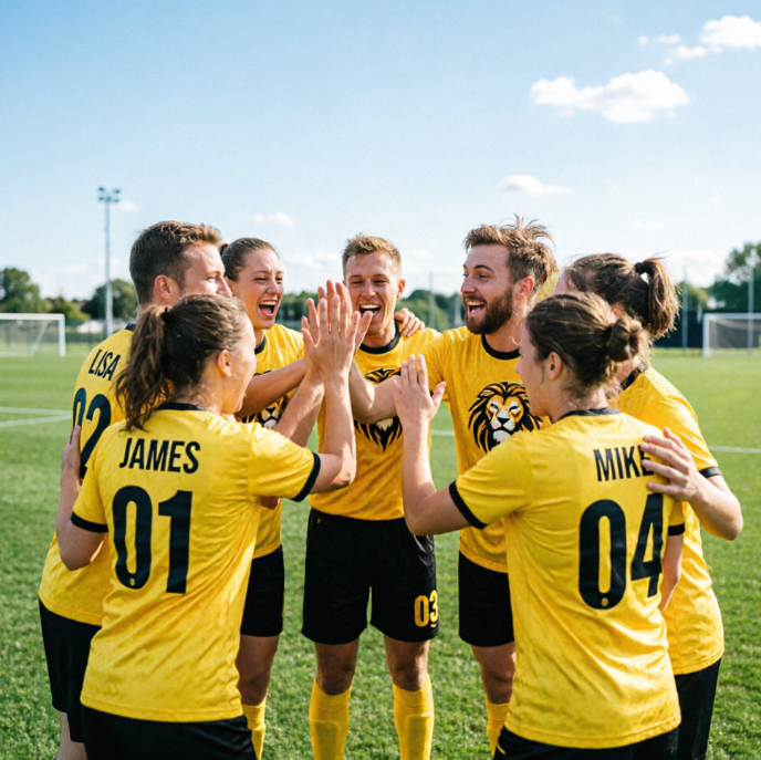 A group of excited amateur soccer players (mixed gender), forming a circle and high-fiving on a green lawn. They are all wearing unified bright yellow soccer jerseys, with a custom team logo (e.g., an abstract lion head) printed on the chest, and their respective numbers and names on the back. The background is a clear sky and a blurred park soccer field.