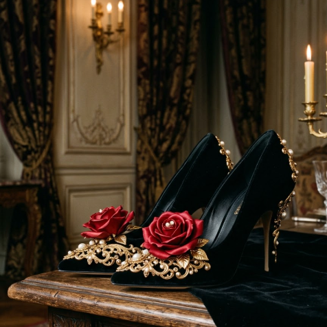 A pair of opulent Baroque-style black high heels, with velvet uppers, and intricate golden carvings and pearls embedded on the toe and heel. Featuring a stiletto heel and a pointed toe, the upper is adorned with a large red silk rose. The background is a dark-toned, classic opulent room with candelabras and heavy curtains, with soft lighting creating a luxurious atmosphere. 英文简短Alt: AI designed black Baroque velvet high heels.