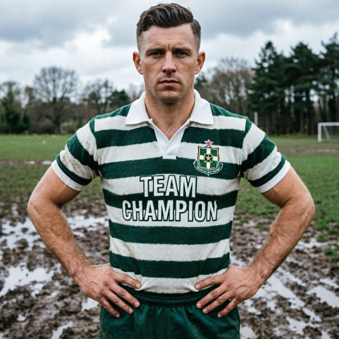 A male soccer player with retro short hair and a determined expression, stands on a muddy football training ground. He is wearing a retro-style soccer jersey dominated by deep green and white thick stripes, with a classic white polo collar, no sponsor logo on the chest, only a simple team crest. His arm muscles are distinct, and his hands are on his hips. The background is an overcast old-fashioned football training ground and distant woods.