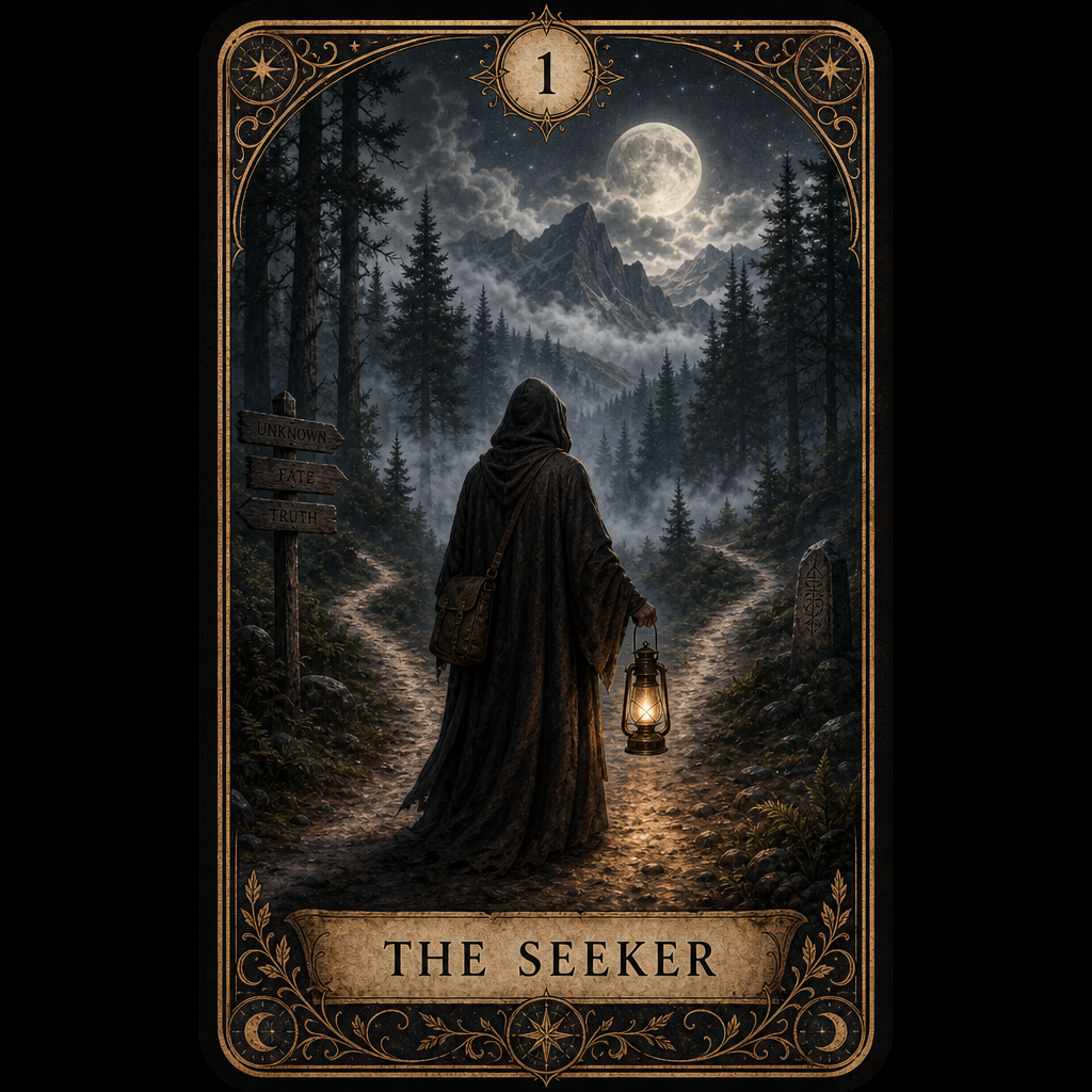 A custom Tarot card, featuring a hooded traveler standing at a crossroads, holding an ancient lantern. The background is a misty forest, with distant mountains and a rising moon faintly visible, creating a mysterious and thought-provoking atmosphere. The bottom of the card has text: "THE SEEKER", and the top is marked with the number "1".