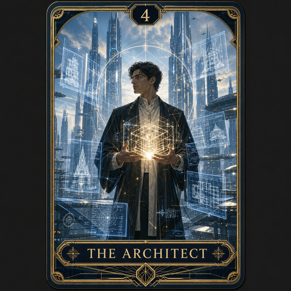 A custom Tarot card, featuring a figure in modern designer attire, holding a glowing geometric model, surrounded by floating architectural blueprints and holographic projections. The background is a towering futuristic city skyline, filled with a sense of modern technology. The bottom of the card has text: "THE ARCHITECT", and the top is marked with the number "4".