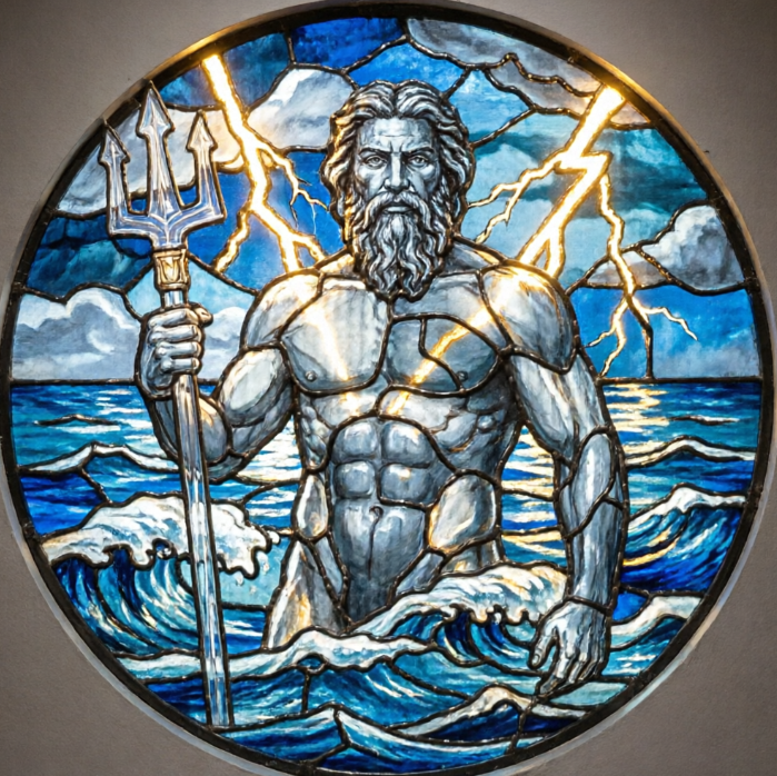 A classical-style circular stained glass artwork depicting Poseidon, the god of the sea, holding a trident. Poseidon's figure is composed of blue-grey and white glass pieces, with distinct muscular lines. The background features turbulent blue seas and golden lightning. Lead lines outline the majestic silhouette of the figure and the dynamic motion of the waves, exuding power.
