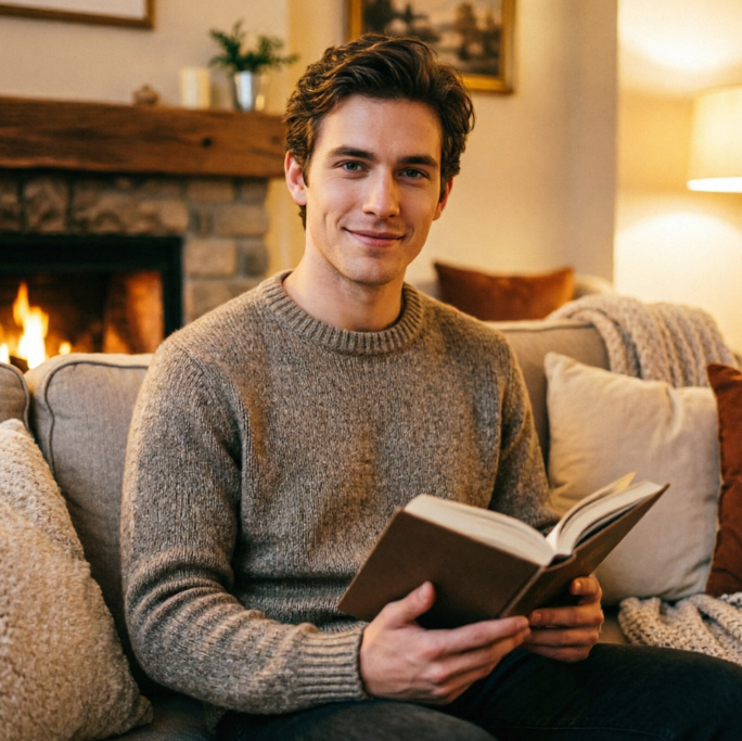 A young man in a comfortable sweater with gentle eyes, smiling relaxed, sits on a sofa in his living room, holding a book. The background is a warm-toned living room with a fireplace and soft cushions, creating a cozy and inviting atmosphere.