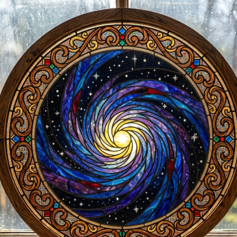 A magnificent circular stained glass artwork showcasing a swirling galaxy and twinkling stars. The galaxy's center is bright yellow and white, with spiral arms composed of deep blue, purple, and hints of red glass pieces, simulating the vastness and colors of the cosmos. The background is pitch-black space, dotted with shimmering small white glass points. Lead lines outline the flowing motion of the galaxy.