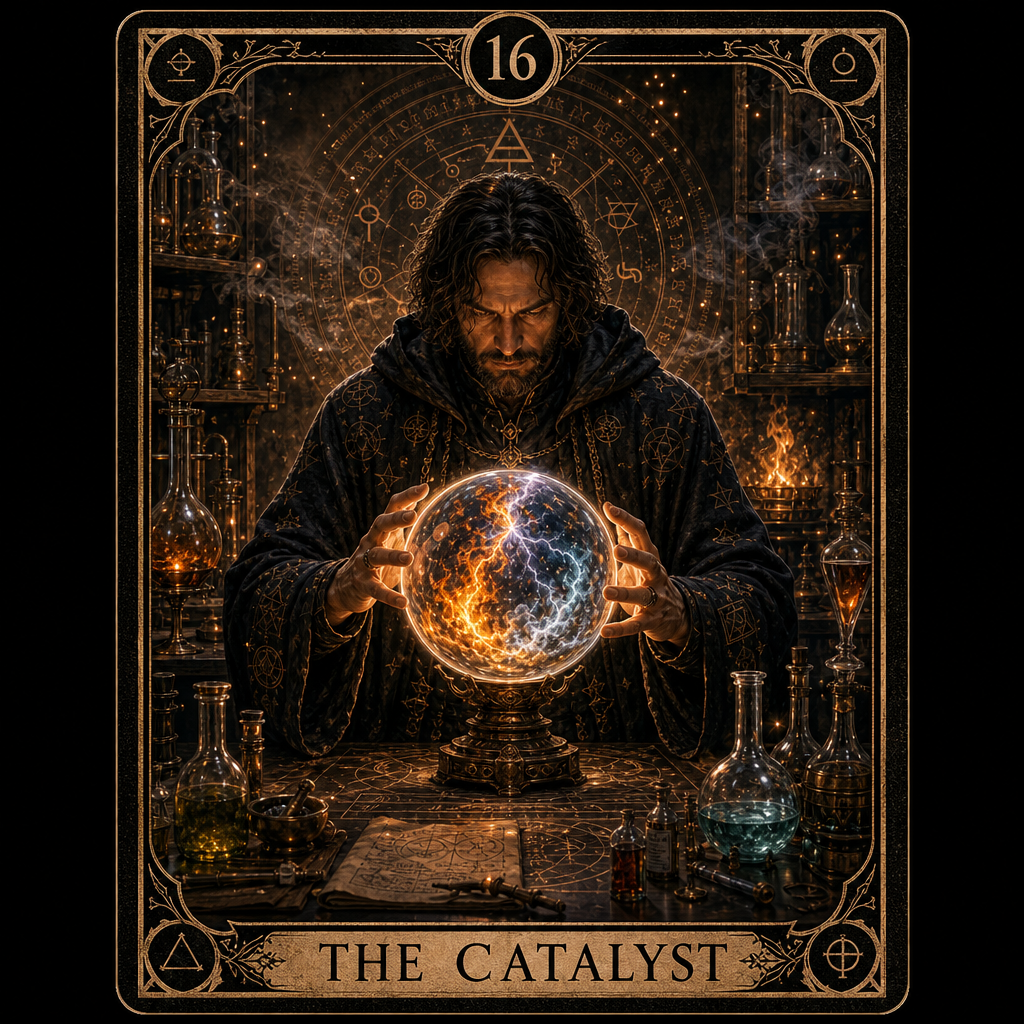 A custom Tarot card, featuring an alchemist holding a glowing crystal ball, in which fierce elemental reactions are reflected. The alchemist wears a dark robe, with a serious and focused expression. The background is an alchemy laboratory full of beakers, test tubes, and mysterious symbols, with sparks and smoke. The bottom of the card has text: "THE CATALYST", and the top is marked with the number "16".