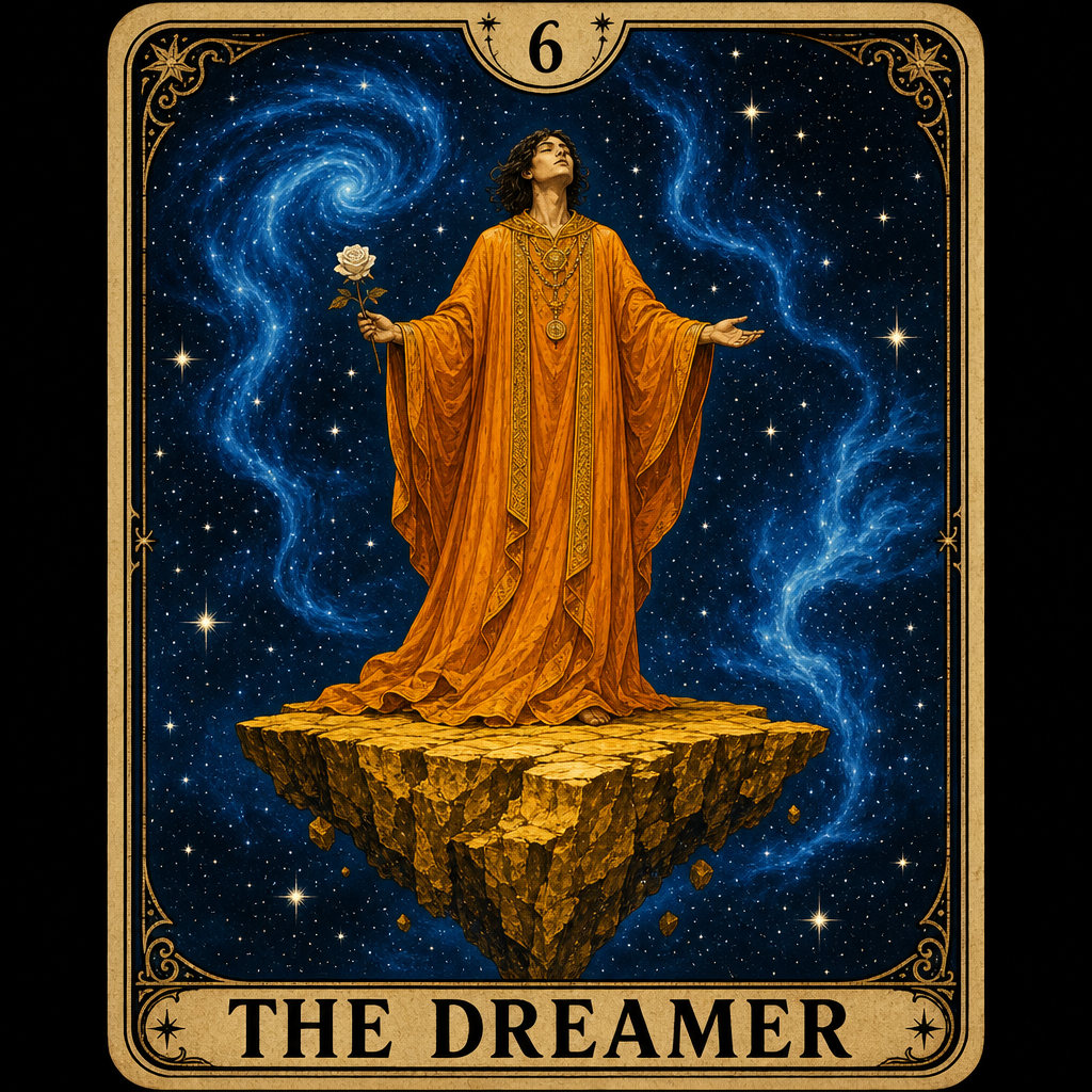 A custom Tarot card, featuring a figure in an orange robe standing atop a golden floating rock in the center. The figure's hands are slightly open, one holding a pristine white rose, with her face gazing upwards, displaying a calm and mysterious expression. The background is a deep blue starry sky, dotted with countless twinkling white stars and abstract blue nebulae swirls. The bottom of the card has bold black text: "THE DREAMER", and the top is marked with the number "6".