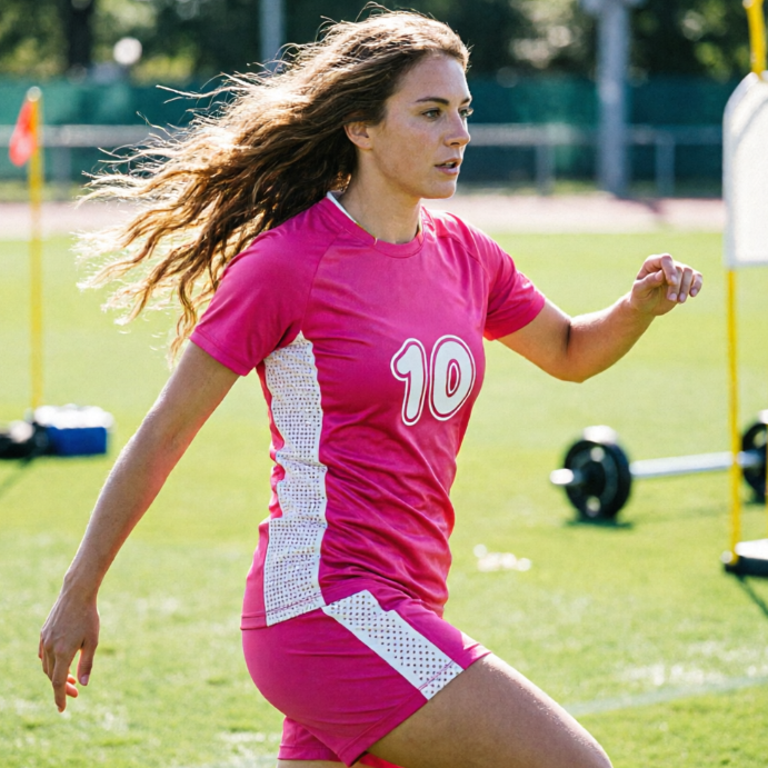 A graceful female soccer player with flowing long hair, completing an elegant pass on the training field. She is wearing a slim-fit bright pink soccer jersey, with white breathable mesh design on the sides, highlighting feminine lines. The jersey number is white, with a rounded font. The background is a sunlit green training field and blurred training equipment.