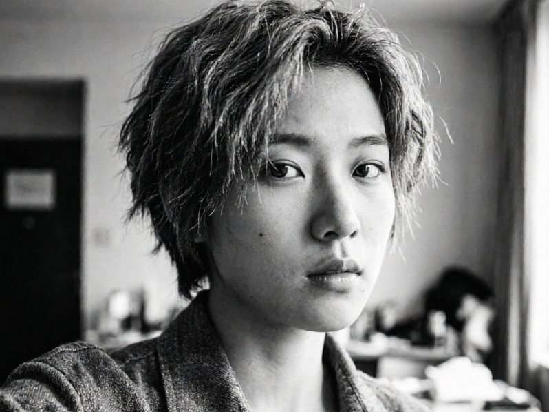 where the woman's face is now slightly turned to the right, left shoulder slightly raised, with the left-right order of her hairstyle and collar reversed, appearing as a mirror image of the original photo, and the background is also horizontally flipped accordingly, showcasing perfect symmetry.