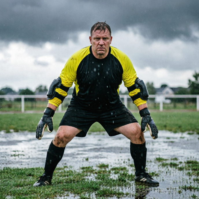 A burly male goalkeeper with a serious expression, taking a ready stance for a save on a wet, rainy football pitch. He is wearing a black and bright yellow拼接 goalkeeper kit with heavy padding, noticeable protective pads on the sleeves and elbows. Wearing professional goalkeeper gloves. The background is a gloomy sky and a soaked football pitch.