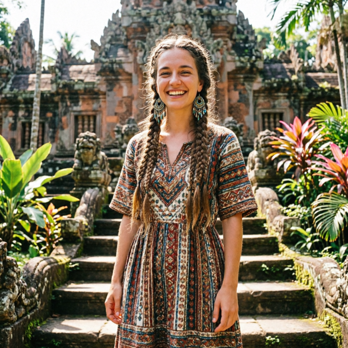 A young woman with braided hair and a cheerful smile, wearing an ethnic-style dress, stands on the stone steps of an ancient temple. She is wearing exotic earrings, with beautifully carved temple architecture and tropical plants in the background. The sunlight is bright, creating strong light and shadow contrasts.