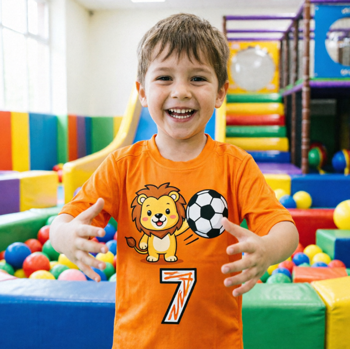 A lively and cute little boy, about five years old, wearing a bright orange soccer jersey with a cartoon soccer ball pattern and a chibi lion mascot, smiling happily in an indoor play area. The jersey number is "7", with a playful font. He has his arms open, posing as if to hug a soccer ball. The background is a brightly colored children's playground.
