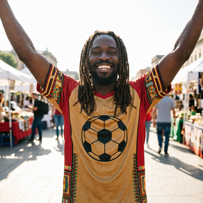 An African male fan with braided long hair and a smiling face, stands in a sunny outdoor plaza. He is wearing a fan shirt primarily in earthy yellow and red, with African tribal totem prints and an abstract soccer ball pattern on the chest. His hands are raised above his head, making a cheering gesture. The background is a blurred outdoor market and crowd.