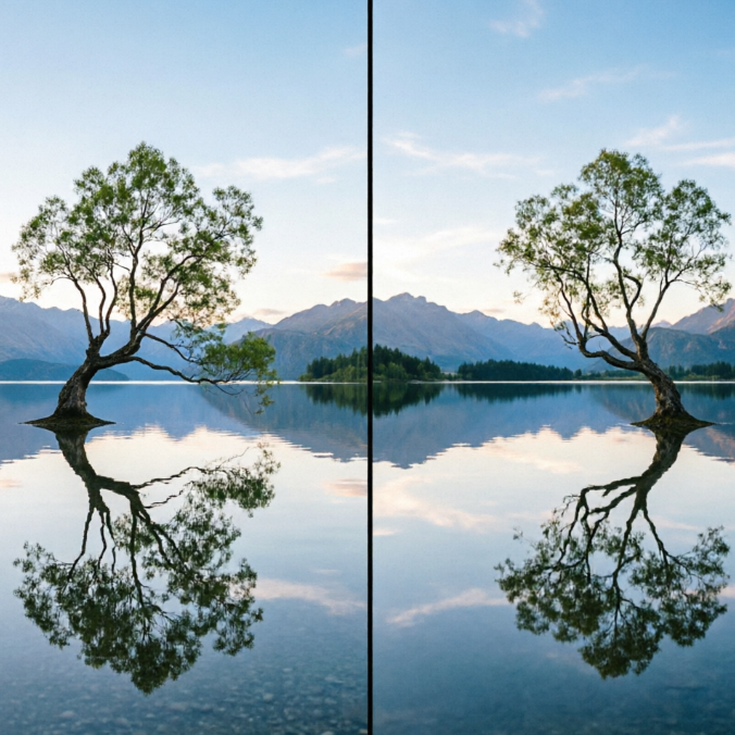 A high-contrast image, with the left side showing a clear photo of a serene lakeside landscape, with a calm, mirror-like lake surface, a lush, leaning tree on the left side, and a clear reflection of distant rolling mountains and blue sky with white clouds on the right; the right side shows the effect of the same photo after applying a horizontal mirror invert filter, where the leaning tree is now on the right side of the frame, and the reflections of the distant mountains and sky are also horizontally reversed, creating a natural yet unfamiliar sense of symmetry for the entire landscape, as if entering an alternate parallel world. The two images are displayed side-by-side on the same canvas, with a clear dividing line in the middle.