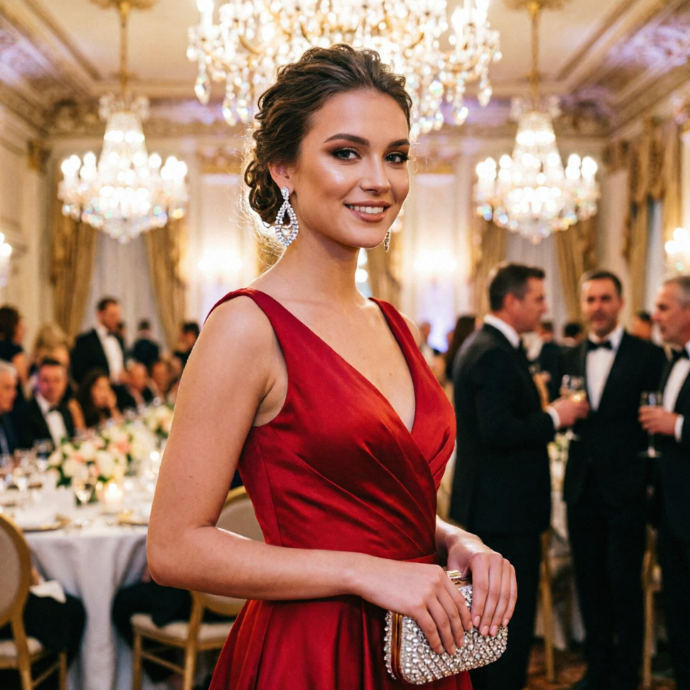 A young woman in an elegant red evening gown with exquisite makeup, smiling charmingly, stands in a brightly lit luxurious banquet hall. Her hair is styled up, wearing sparkling earrings, and holding a delicate clutch. The background features blurred crystal chandeliers, long tables, and conversing guests.