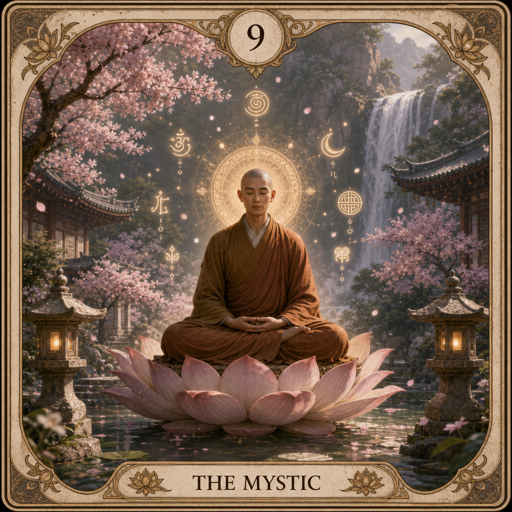 A custom Tarot card, featuring a meditating monk figure seated cross-legged on a lotus flower, surrounded by a soft halo and floating symbols. The background is a serene temple courtyard with blooming cherry blossoms and a distant waterfall, imbued with Zen. The bottom of the card has text: "THE MYSTIC", and the top is marked with the number "9".