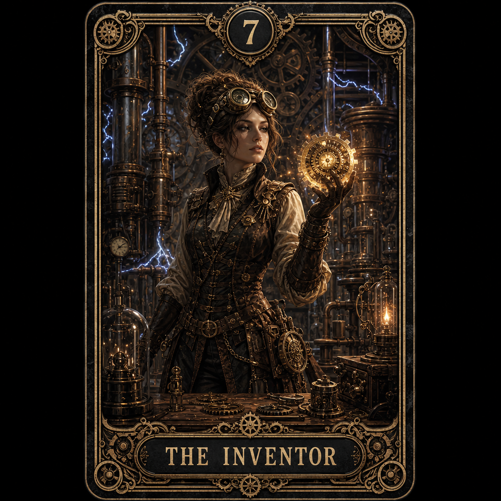 A custom Tarot card, featuring a woman dressed in steampunk attire, wearing goggles and holding a glowing gear, standing in a laboratory filled with complex machinery. The background is a wall of metal pipes and gears, sparking with electricity, dimly lit to emphasize a sense of technology. The bottom of the card has text: "THE INVENTOR", and the top is marked with the number "7". 英文简短Alt: AI generated steampunk Tarot card "The Inventor".