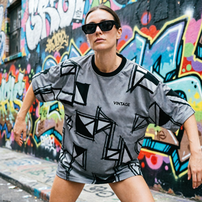 A stylish woman wearing sunglasses, striking a cool pose on a graffiti-filled city street. She is wearing a loose-fitting, deconstructed grey soccer shirt with abstract geometric patterns and irregular black lines printed on it, and a small, understated brand logo on the chest. The background is a colorful street art graffiti wall.
