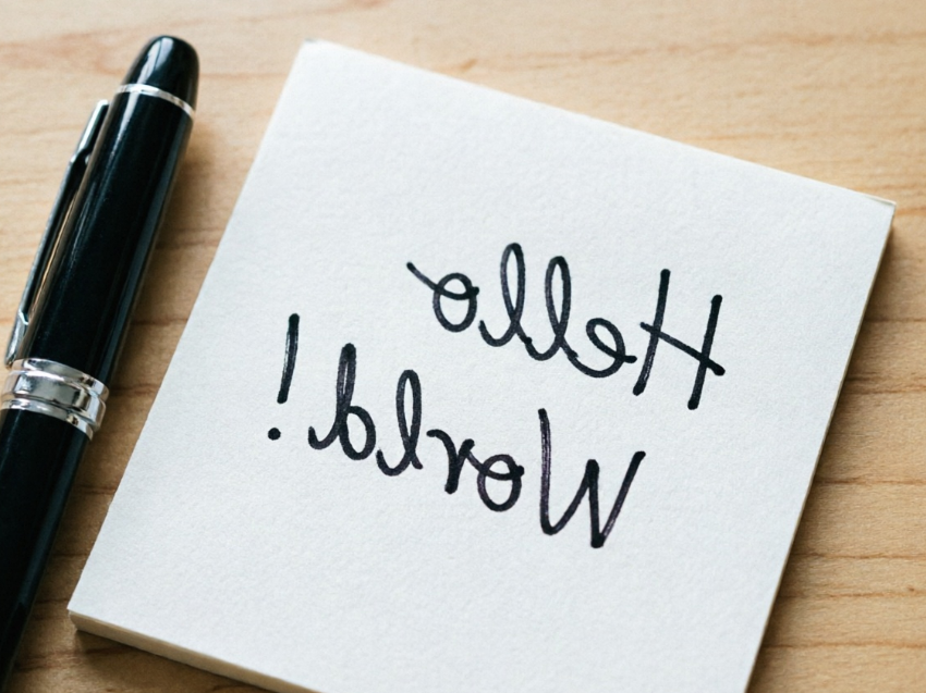 where the handwritten English text "Hello World!" on the sticky note is reversed horizontally into mirror text, and the nib of the fountain pen also completely reverses its direction to point to the left, creating an interesting "reading text in a mirror" effect for the entire scene.
