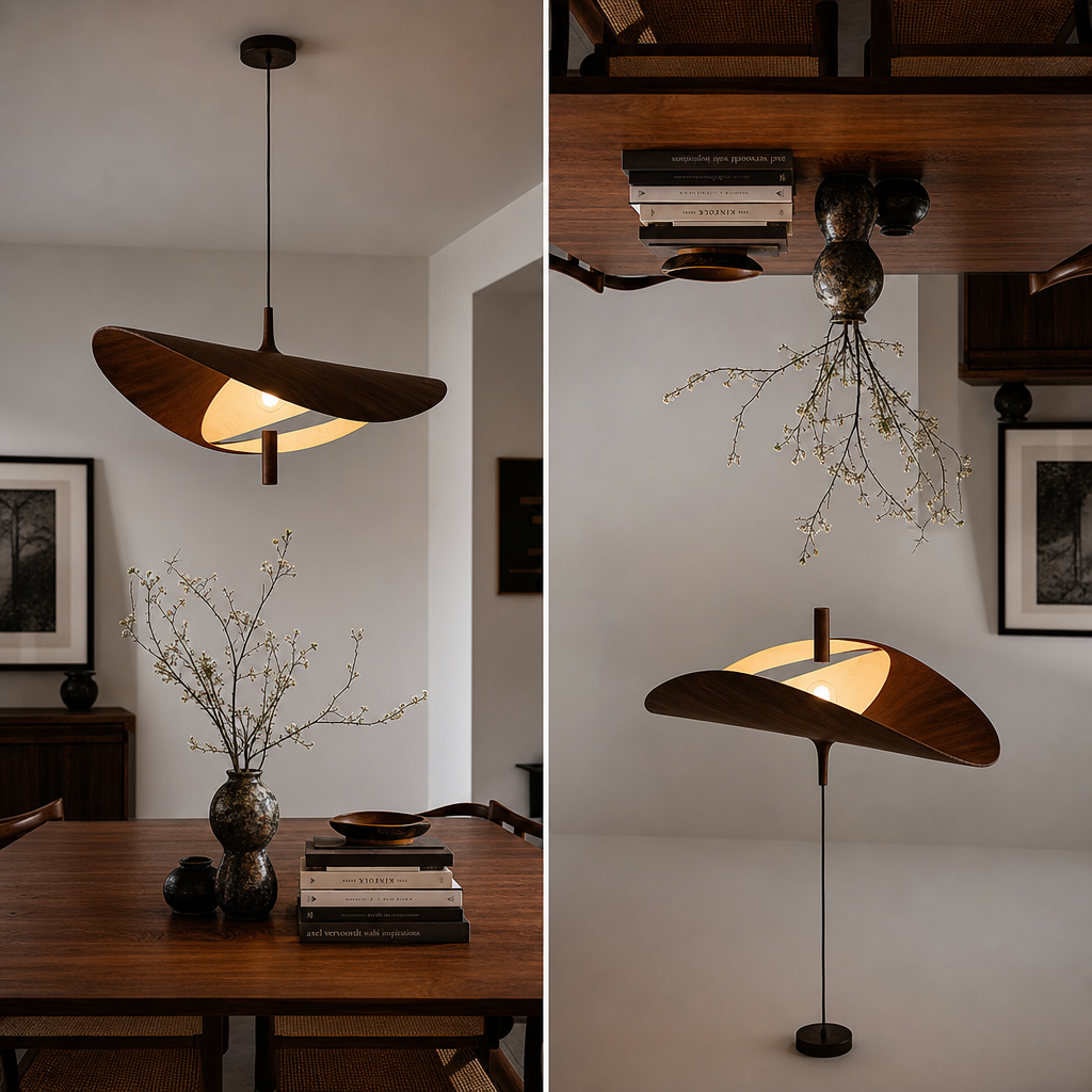 A high-contrast image, with the left side showing an interior photo, with a uniquely designed geometric chandelier hanging from the ceiling, a wooden dining table below adorned with books and a vase, and a carpet on the floor; the right side shows the effect of the same photo after applying a vertical mirror invert filter, where the chandelier appears to rise from the floor, the dining table and its objects are inverted on the ceiling, and the floor carpet is now overhead, with the entire room presenting a surreal sense of weightlessness or complete inversion, challenging visual perception. The two images are displayed side-by-side on the same canvas, with a clear dividing line in the middle.