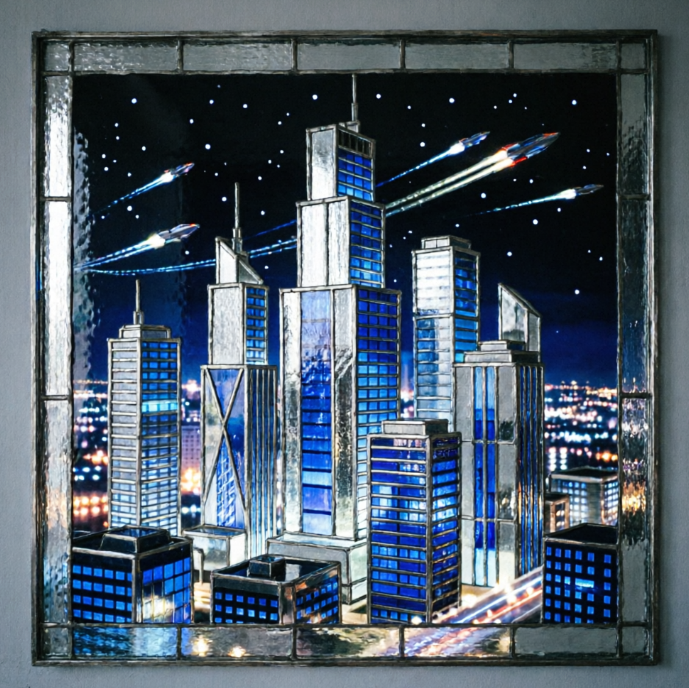 A highly modern square stained glass artwork depicting a towering futuristic city skyline. Skyscrapers are composed of silver and grey glass pieces, with windows emitting blue light. The background is a deep night sky, dotted with faint starlight and streaks from flying vehicles. Lead lines outline the geometric lines of the buildings and the patterns of city lights, full of technological flair.