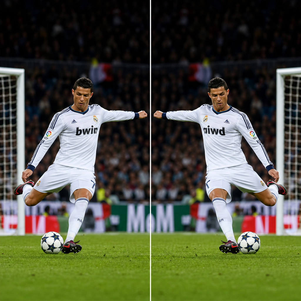 Alt TextA high-contrast image, with the left side showing a dynamic photo of a soccer player on a green pitch, kicking the ball with his right foot, body leaning forward, weight shifted to the right, with a portion of the goal net on the left; the right side shows the effect of the same photo after applying a horizontal mirror invert filter, where the player is now kicking with his left foot, body leaning forward, weight shifted to the left, and the goal net is on the other side, appearing as a mirror-inverted kicking motion, yet retaining its original dynamism and power. The two images are displayed side-by-side on the same canvas, with a clear dividing line in the middle.