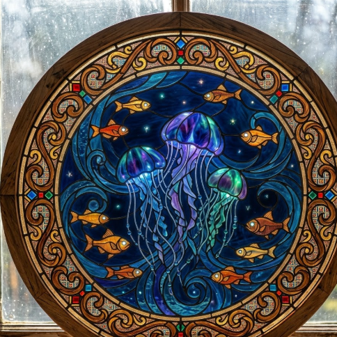 A mystical square stained glass artwork depicting a group of glowing jellyfish and swimming fish in the deep sea. The jellyfish bodies are composed of translucent blue, purple, and green glass pieces, emitting a faint glow. Fish are accented with orange and yellow. The background is a profound inky blue seawater, with lead lines outlining water ripple textures, creating the tranquility and mystery of the deep sea.