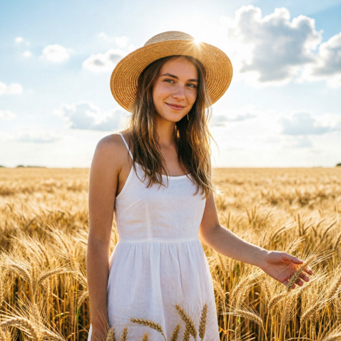  A young woman wearing a straw hat and a white dress, smiling sweetly, stands in a golden wheat field. Sunlight filters through the edge of her hat, with a vast expanse of wheat waves and blue sky with white clouds in the background. She extends one hand as if gently touching the wheat ears.