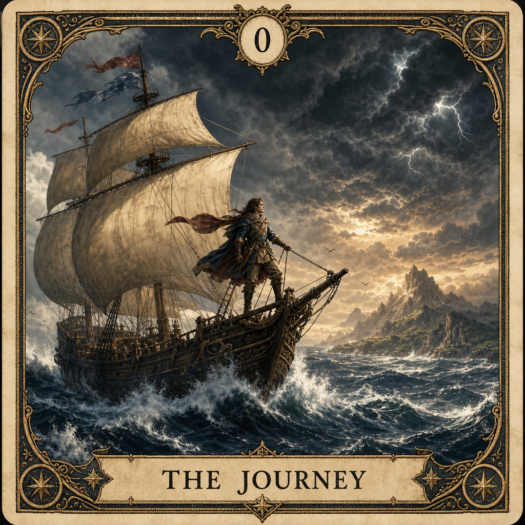 A custom Tarot card, featuring a sailboat carrying brave explorers, navigating rough seas, with an unknown continent and storm-brewing sky in the distance. The sails are full with wind, and an explorer stands at the bow, with a determined gaze. The bottom of the card has text: "THE JOURNEY", and the top is marked with the number "0".