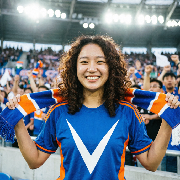 A young woman with deep brown curly hair and healthy skin, smiling brightly, stands in front of a brightly lit, packed football stadium grandstand. She is wearing a blue soccer jersey with orange stripes on the shoulders and sides, and a simple white V-neck collar. She holds a blue, orange, and white striped fan scarf in her hands, draped behind her neck. Stadium lights shine from above, with a blurred and enthusiastic crowd in the background.