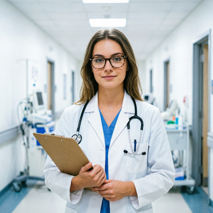 A young woman wearing a doctor's white coat and glasses, with a professional and confident expression, in a hospital corridor. She has a stethoscope around her neck and is holding a patient chart. The background features a clean and tidy hospital corridor and blurred medical equipment.