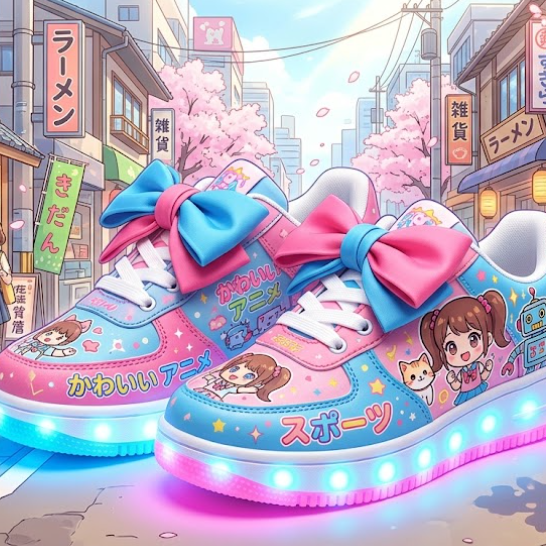 A pair of vibrantly colored, playfully patterned Japanese anime-style sneakers, set on a cartoon-rendered Japanese city street. The upper features bright pink and sky blue拼接, printed with cute chibi characters and Japanese text. The shoelaces are large bows, and the sole has a glowing effect. The background is a lively anime street with cherry blossoms and Japanese architecture.