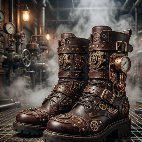 A pair of dark brown platform leather boots with steampunk elements, adorned with intricate gears, brass rivets, and leather straps. The boot shaft reaches mid-calf, and the sole is thick with non-slip patterns. The side of the boot features a miniature pressure gauge as decoration. The background is a dimly lit industrial workshop with metal pipes and diffused steam.