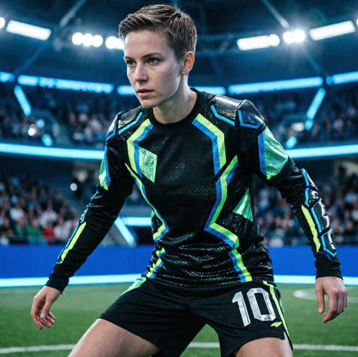 A female soccer player with a sharp short haircut and focused eyes, striking a ball control pose in a futuristic indoor stadium. She is wearing a futuristic-style soccer jersey primarily black, accented with fluorescent green and bright blue geometric lines, the jersey material seeming to glow faintly. Unique cut designs on the shoulders and cuffs, with a prominent silver number. The background features blurred blue glowing lines and spectator stands.