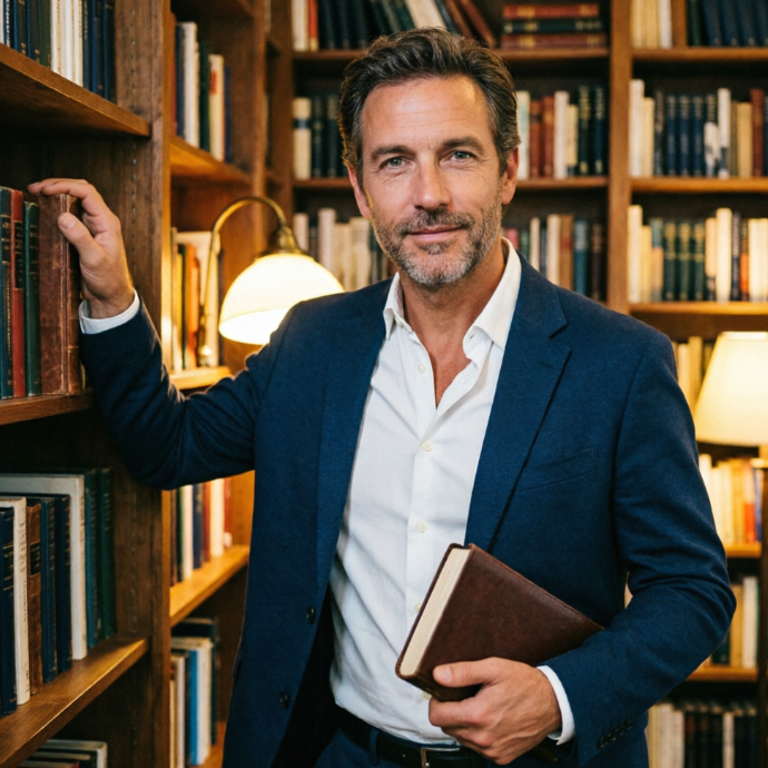A mature man with short stubble and deep-set eyes, wearing a calm smile, stands in a cozy study filled with books. He is wearing a well-fitted dark blue casual blazer over a white shirt, with two buttons undone. One hand rests on a bookshelf, the other holding a hardcover book. The background features full wooden bookshelves and soft desk lamp lighting.