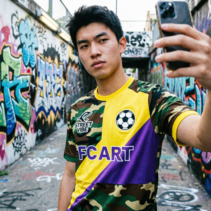 A young trendsetter, wearing a uniquely designed, boldly colored trendy collaboration soccer jersey, taking a selfie in a graffiti-filled underpass. The jersey body features a camouflage pattern,拼接 with bright yellow and purple color blocks, with dual logos of a trendy brand and a football club on the chest. He has a cool expression, holding his phone. The background is complex street art graffiti.