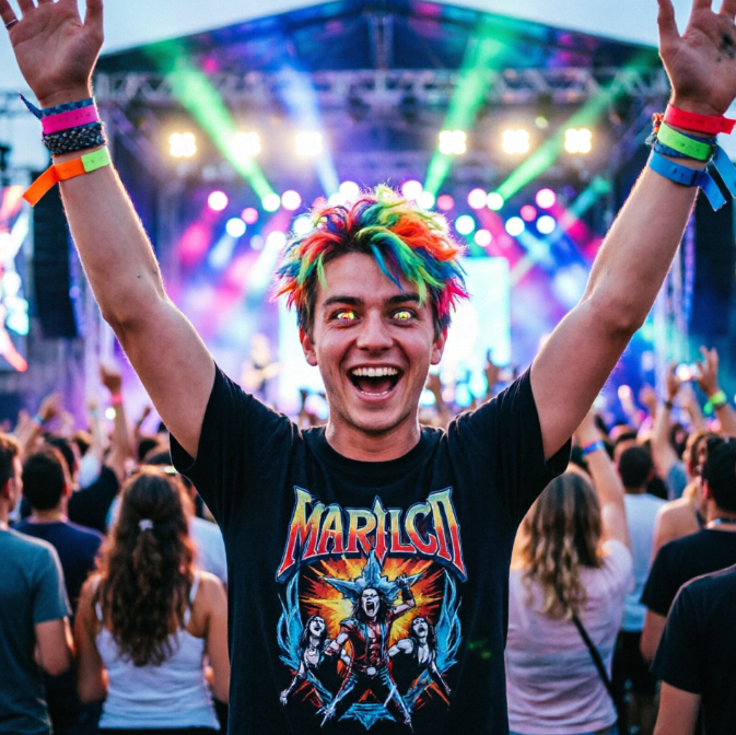 A young man with brightly colored hair and excited eyes, wearing a wild smile, stands at a dazzlingly lit music festival. He is wearing a band logo T-shirt, with wristbands, hands raised high as if swaying to the music. The background features shimmering stage lights and a blurred crowd.