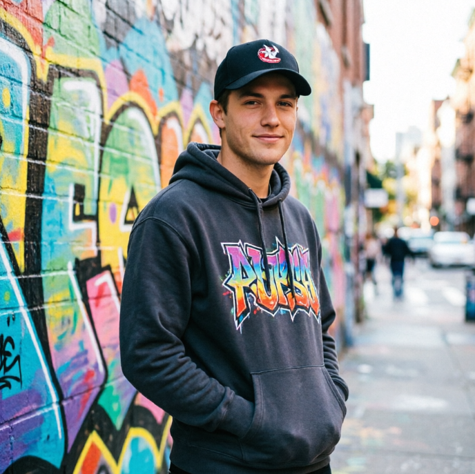 A young man wearing a trendy hoodie and a baseball cap, with a cool and confident expression, stands in front of a graffiti-filled urban street art wall. His hands are in his pockets, body slightly angled towards the camera. The background features vibrant, colorful street graffiti and a blurred urban street scene.