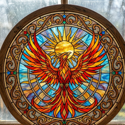 A magnificent circular stained glass artwork, featuring a phoenix soaring with outstretched wings at its center. The phoenix's feathers are composed of vibrant red, orange, and yellow glass pieces, with a radiant sun emanating rays above its head. The entire piece is enveloped by an intricate brown and gold vine pattern border, with geometric small squares embedded within the frame. Clear black lead lines outline the edges of the glass pieces, simulating the brilliant colors formed when light passes through.