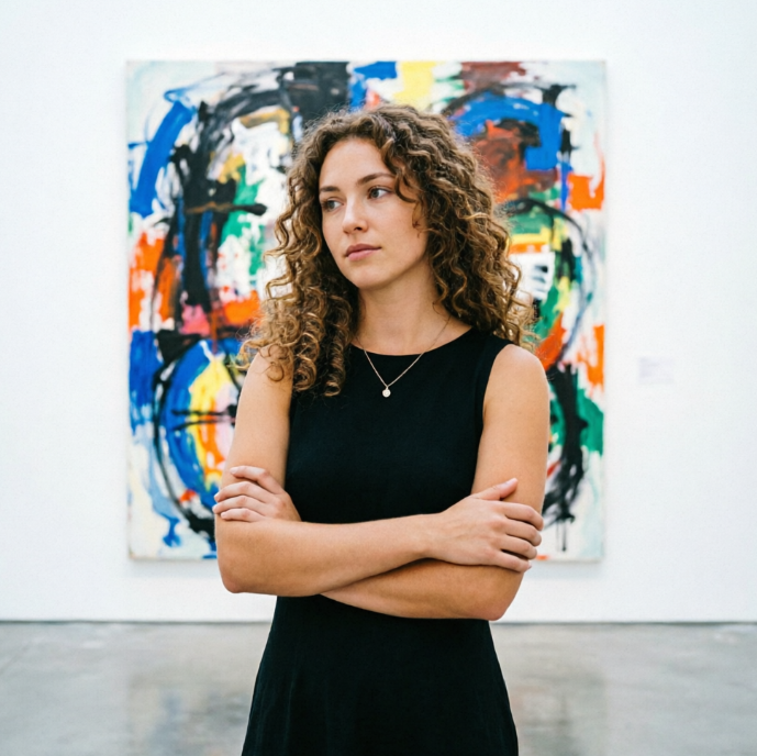 A young woman with curly hair cascading over her shoulders and an elegant demeanor, thoughtful and serene, stands in a modern art gallery. She is wearing a simple black dress, adorned with a delicate necklace, with her arms crossed over her chest. The background features a large abstract painting and the gallery's pure white walls.