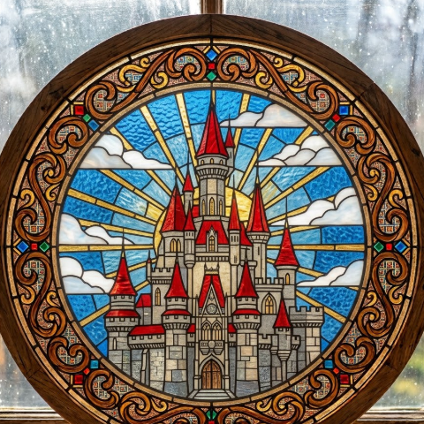 A fairytale-inspired square stained glass artwork depicting a towering fantasy castle reaching into the clouds. The castle's turrets are composed of grey and beige glass pieces, with bright red roofs. The background is a clear blue sky with floating white clouds, permeated by golden sunlight. Lead lines outline the complex structure of the castle and window details, creating a dreamlike quality.