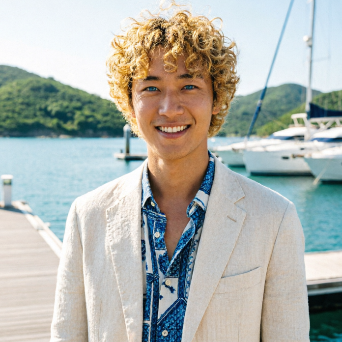 A young man with golden curly hair and blue eyes, healthy skin, and a confident smile, set against a backdrop of a sunny seaside marina. He is wearing an off-white linen blazer over a stylish blue patterned shirt, with the collar slightly open, exuding casual yet refined charm. In the background are white yachts moored on the azure sea and distant green hills.