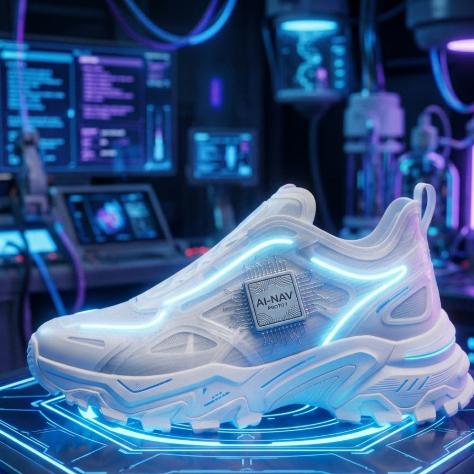 A pair of highly futuristic, streamlined white sneakers, placed on a sci-fi-inspired blue glowing platform. The upper features translucent high-tech material with embedded blue LED light strips. The sole is thick with complex geometric patterns, seemingly designed for lunar walks. The side of the shoe has a silver AI chip-like decoration. The background is a blurred futuristic tech lab scene with blue and purple light halos.