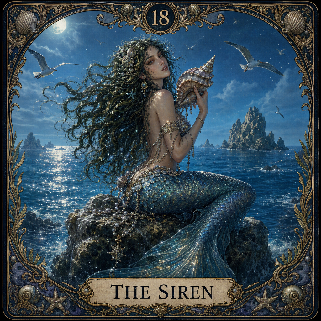 A custom Tarot card, featuring a beautiful mermaid sitting on a rock, her long hair flowing like seaweed, holding a conch horn, with captivating eyes. The background is a shimmering deep blue sea and distant rock formations, with seabirds circling in the air. The bottom of the card has text: "THE SIREN", and the top is marked with the number "18".