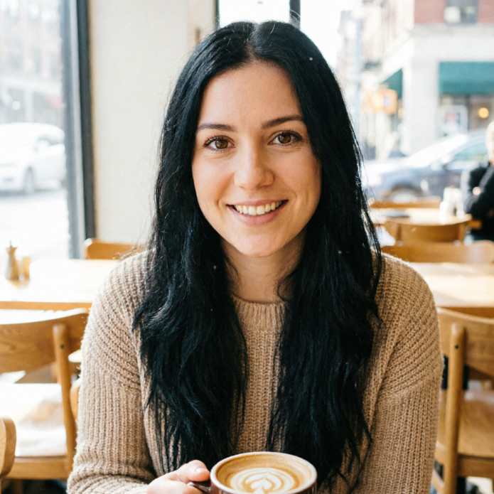 A young woman with long dark hair and brown eyes, fair skin, and a sweet smile, seated in a brightly lit city cafe. She is wearing a stylish beige knit sweater, holding a cup of coffee, and looking gently at the camera. The background is a blurred interior of the cafe with wooden tables and chairs, and a hazy street scene outside the window.