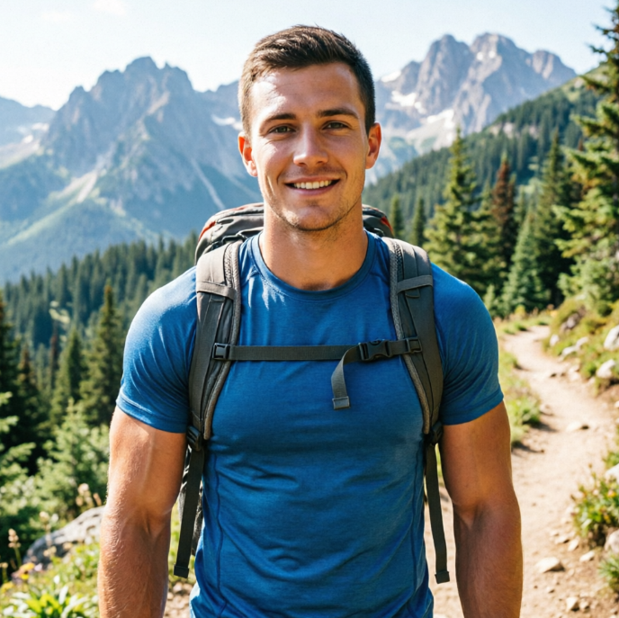 A young man with a sharp short haircut and a fit physique, smiling relaxed, stands on a sun-drenched hiking trail. He is wearing a well-fitted blue athletic T-shirt, carrying a light hiking backpack, with distinct arm muscles. The background features majestic distant mountains and lush green forests.